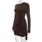 Elegant Y2K Women's Long Sleeve Short Mini Dress Bodycon Ruched O Neck Outfits for Party Club Autumn Winter Sexy Dresses Gift