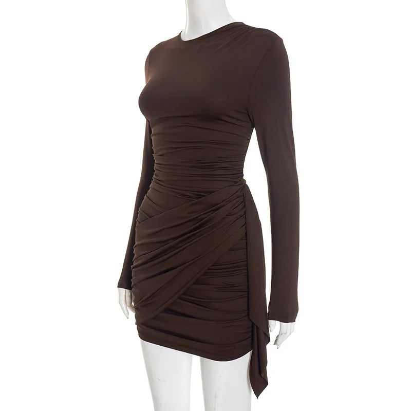 Elegant Y2K Women's Long Sleeve Short Mini Dress Bodycon Ruched O Neck Outfits for Party Club Autumn Winter Sexy Dresses Gift