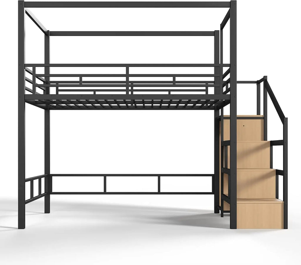 Bellemave Queen loft Bed with Storage Stairs, Wardrobe, Canopy Support Pole, Metal Queen Loft Bed Frame for Adults, Kids, Teens,