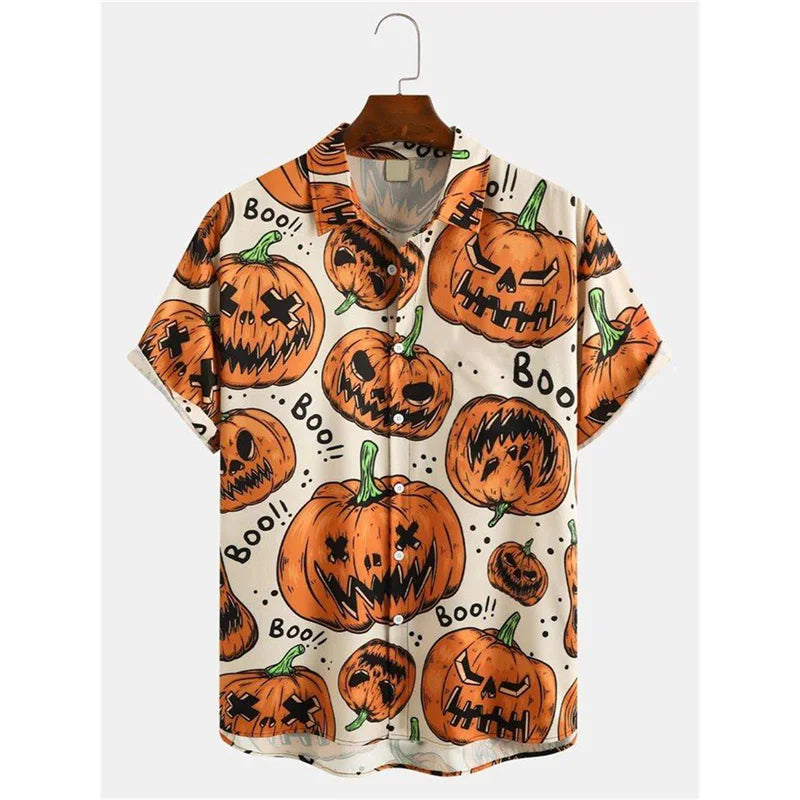 Pumpkin Bat Graphic Hawaiian Shirt For Men Women Halloween 3D Printed Aloha Shirts Summer Casual Short Sleeve Blouse Lapel Tops