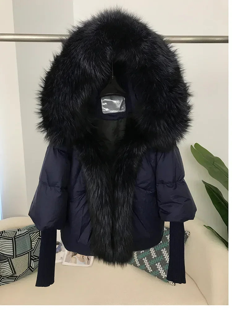 2024 Winter Puffer Jacket Women Real Fox Fur Collar Hooded Natural Thick Warm Loose Oversize Duck Down Coat Streetwear Outerwear