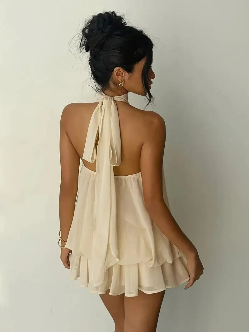 Women's Vacation Slim Fit Dress Sexy Backless Halter Neck Lace-up Versatile Solid Color Dress Stylish Comfortable Summer Vestido