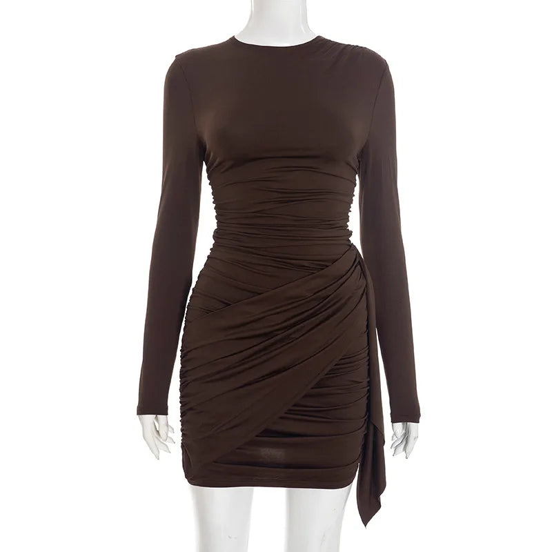 Elegant Y2K Women's Long Sleeve Short Mini Dress Bodycon Ruched O Neck Outfits for Party Club Autumn Winter Sexy Dresses Gift