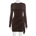 Elegant Y2K Women's Long Sleeve Short Mini Dress Bodycon Ruched O Neck Outfits for Party Club Autumn Winter Sexy Dresses Gift