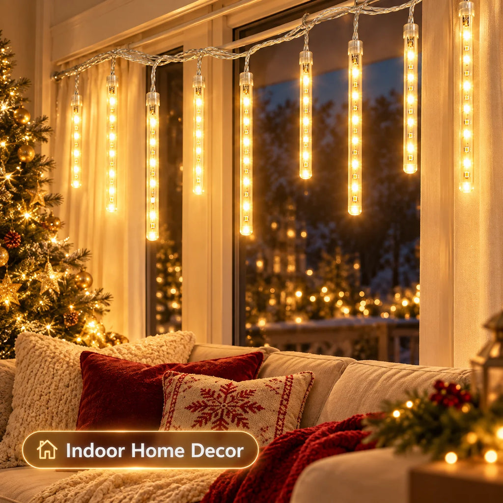Christmas USB Meteor Shower Fairy Lights Falling Rain Icicle String Lights for Wedding Window Bedroom Cozy Home Holiday Decor