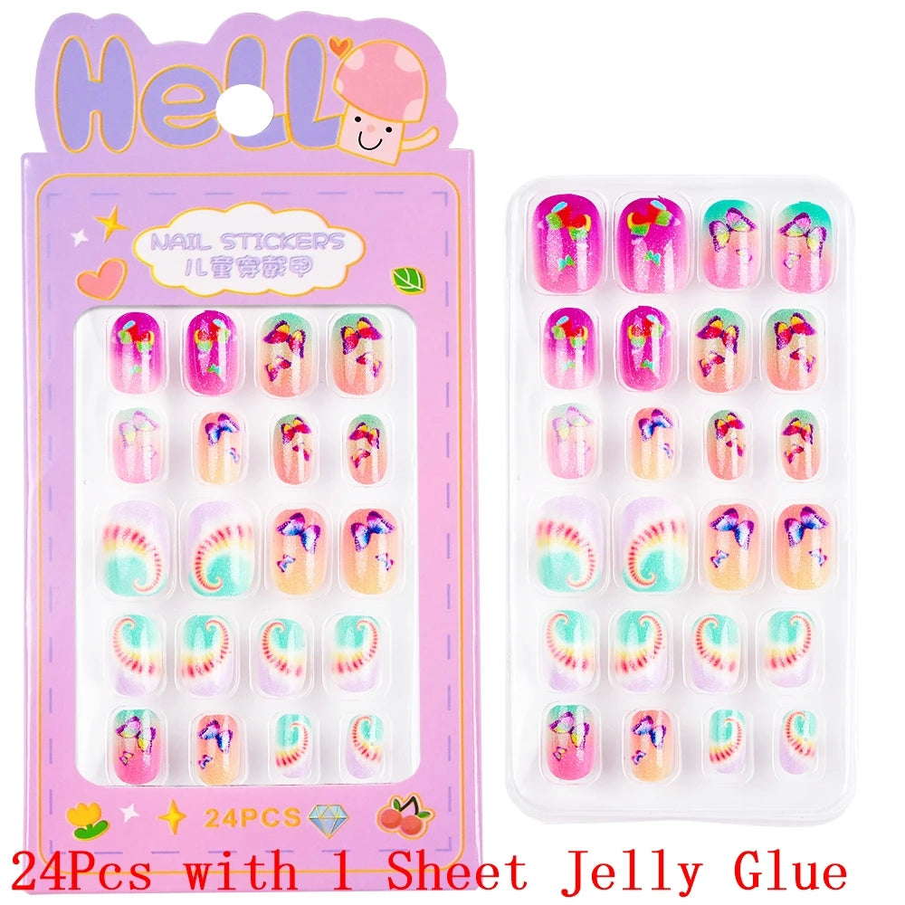 Children Press on Nails,24 Pcs Fake Nails Tips for Kids Acrylic Nails Pre-glue Full Cover Short False Nails Cute Fingernails