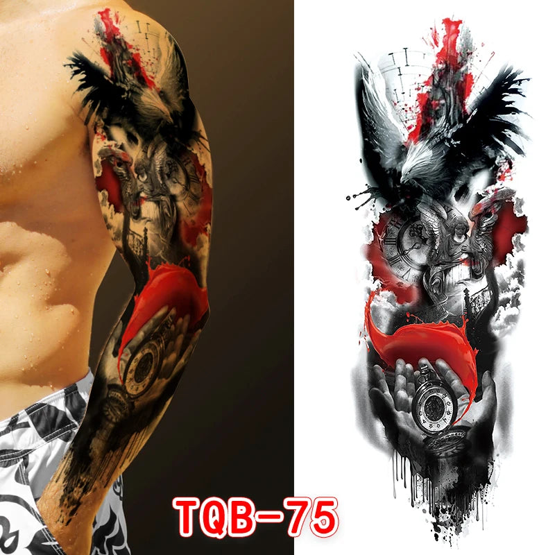Large Arm Tattoo Sticker Full Sleeve Temporary Tattoos for Men Fish Wolf Tiger Tattoo Fake Tatoo for Women Waterproof Body Art