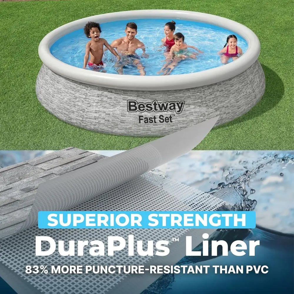 12' x 30 Round Above Ground Swimming Pool Set with Stacked Stone Exterior, Outdoor Family Pool, Gray