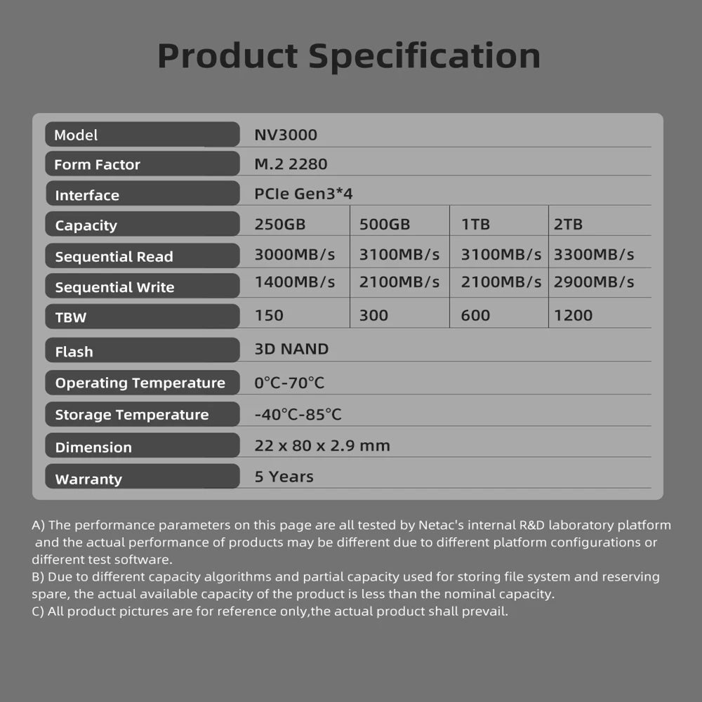 Netac NVMe SSD M2 1TB 2TB 500GB 250GB 3500MB/s SSD PCIe3.0 M.2 2280 SInternal Solid State Drives Disk NV3000 for Laptop Desktop
