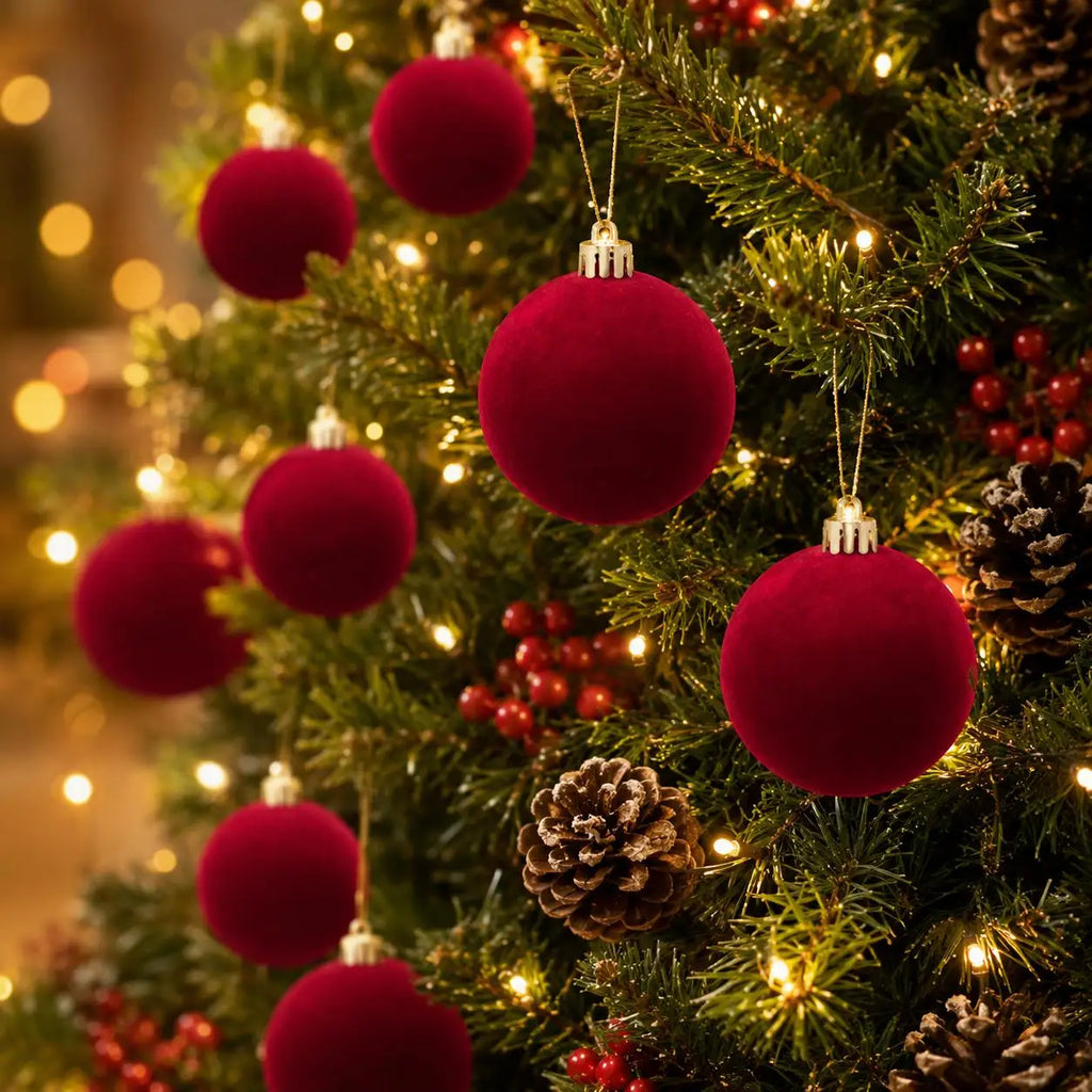 34/16-Piece Set of Burgundy Velvet Christmas Balls, Perfect Home Decoration Tree Ornaments - Christmas Ball Decorations for Halloween, Thanksgiving, Birthdays, and Weddings, Durable Plastic Hanging Decorations for Christmas T