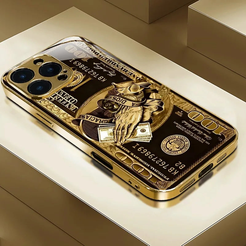 Creative Wealth Pattern Gold Metallic Paint Glass Phone Case For iPhone 17 16 15 14 13 12 11 Pro Max 15 14 Plus 17 Air 16E Cover