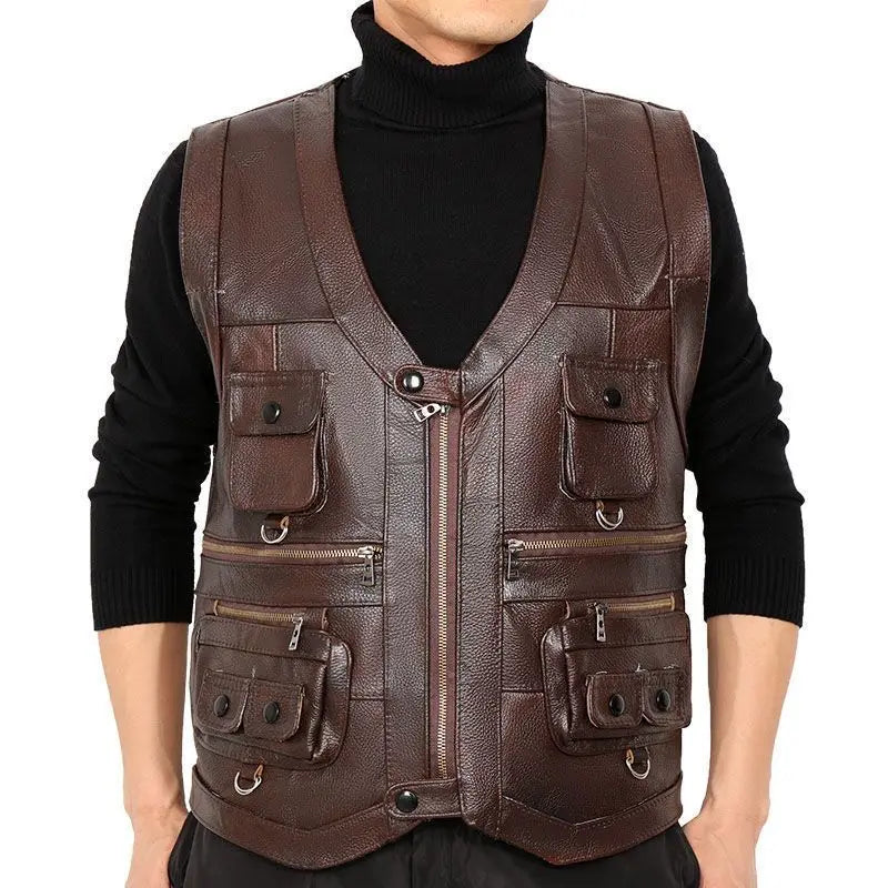 2025 Cowhide Genuine Leather Man Vest Waistcoat Male clothing Jacket Thick Motorcycle Multi Pocket leather biker Men safety vest