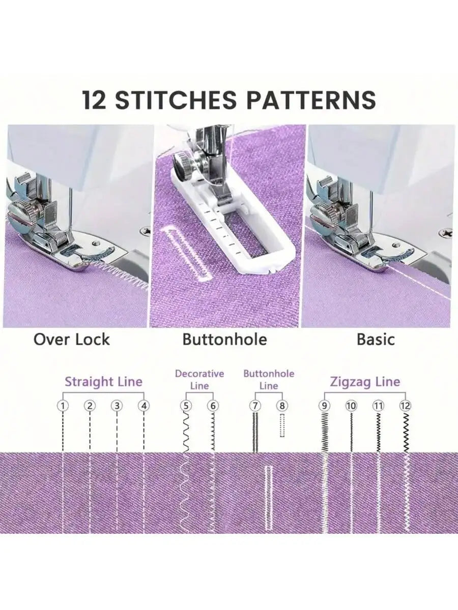 505A Sewing Machine 12 Stitch Patterns 2-Speed Control Built-in LED Light with Foot Pedal for Home DIY Beginners Crafts