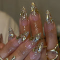 24 pcs of long almond-shaped nails inset with glittering light: French design, long acrylic nails that are very suitable for we