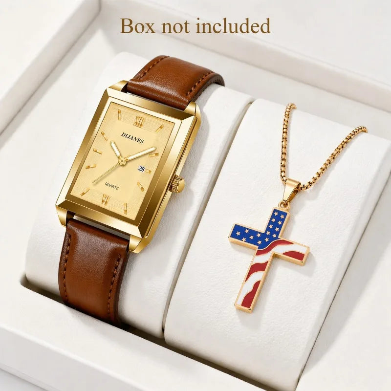 2pcs/set Mens Watches + Necklace Fashion Brand Square Quartz Watch for Man Business Casual Leather Belt Clock Men Gift Relogios