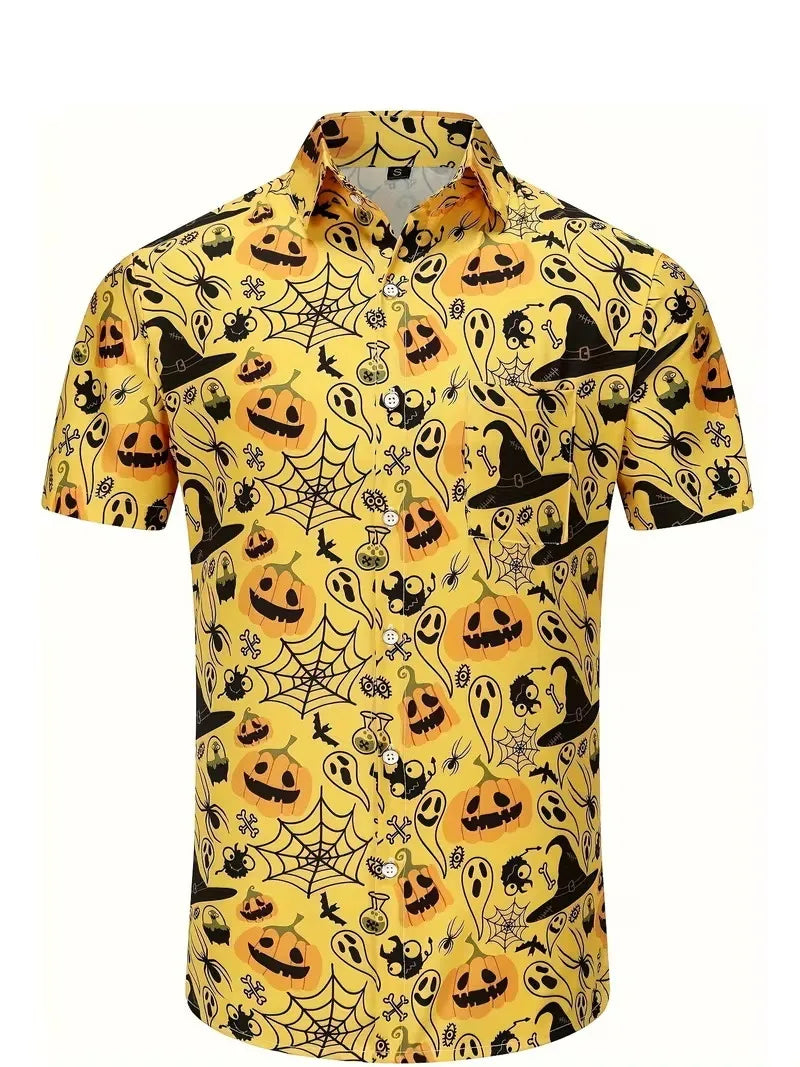 Men Halloween Headless Horseman Print Aloha Shirt Short Sleeve Button Down Spooky Pumpkin Horse Graphic Hawaiian Shirts Tops