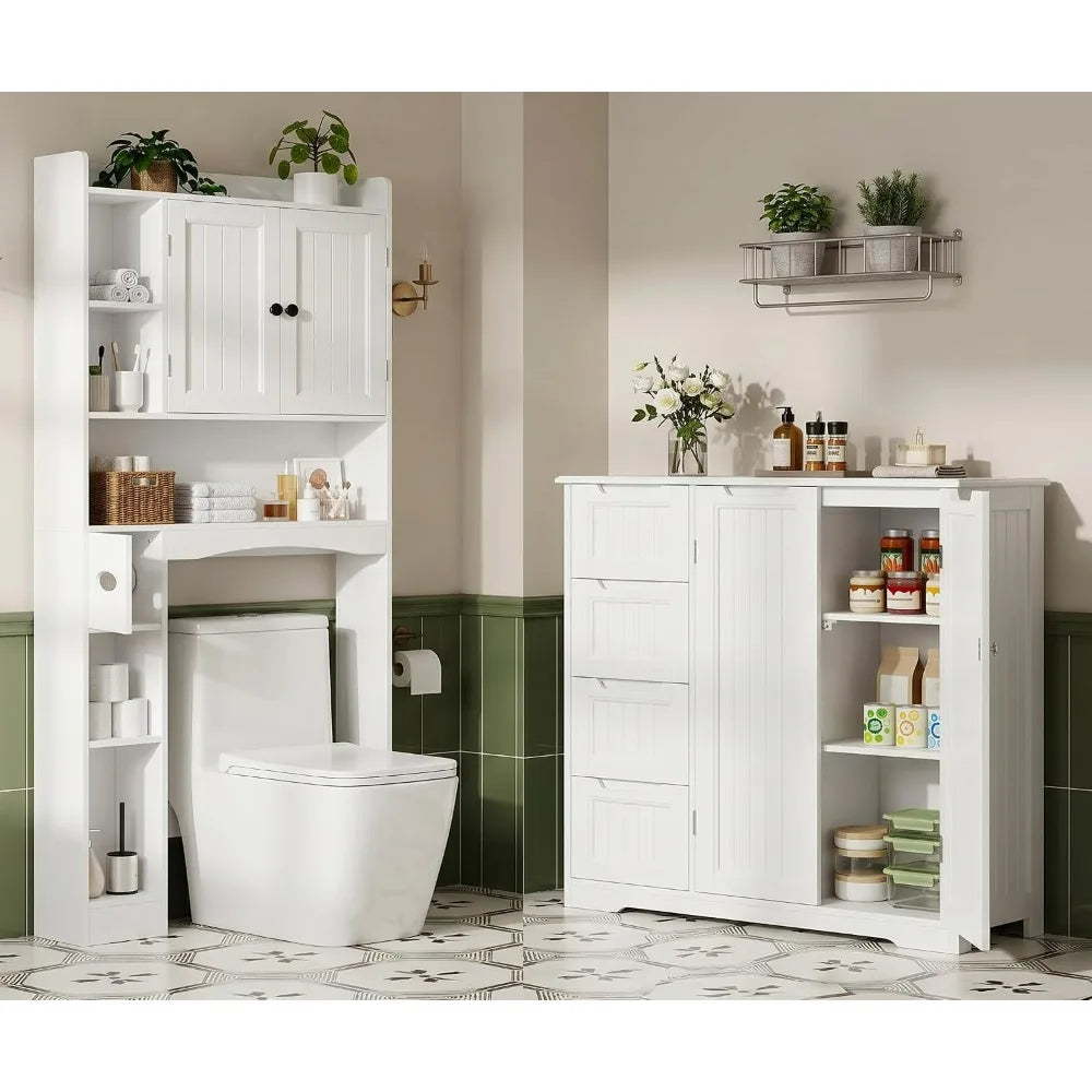 2 PCS Bathroom Storage Cabinet Sets, White Over The Toilet Storage Cabinet & Bathroom Floor Cabinet with Drawers & Doors, Wooden