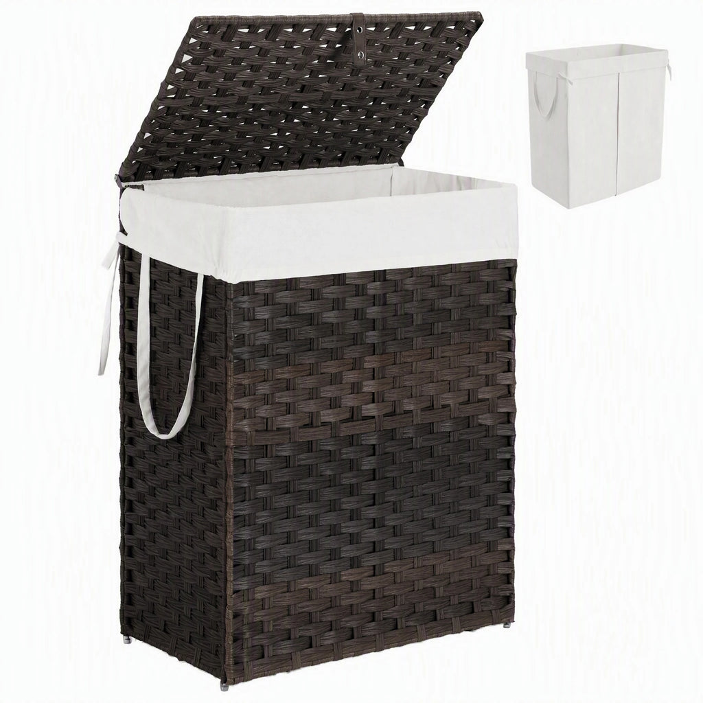 JHK 90L Wicker Laundry Hampers with Lid Woven Clothes Hamper with Side Handles Sturdy Steel Frame Removable Liner Foldable Rattan Laundry Basket For Home