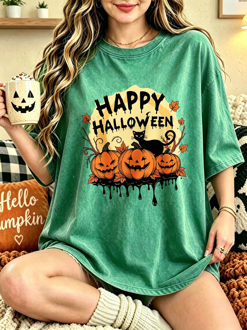 Happy Halloween Pumpkins Printed Washed T-Shirts Womens Cotton Short Sleeve Tops Casual O-Neck Oversized T Shirt Summer Clothes
