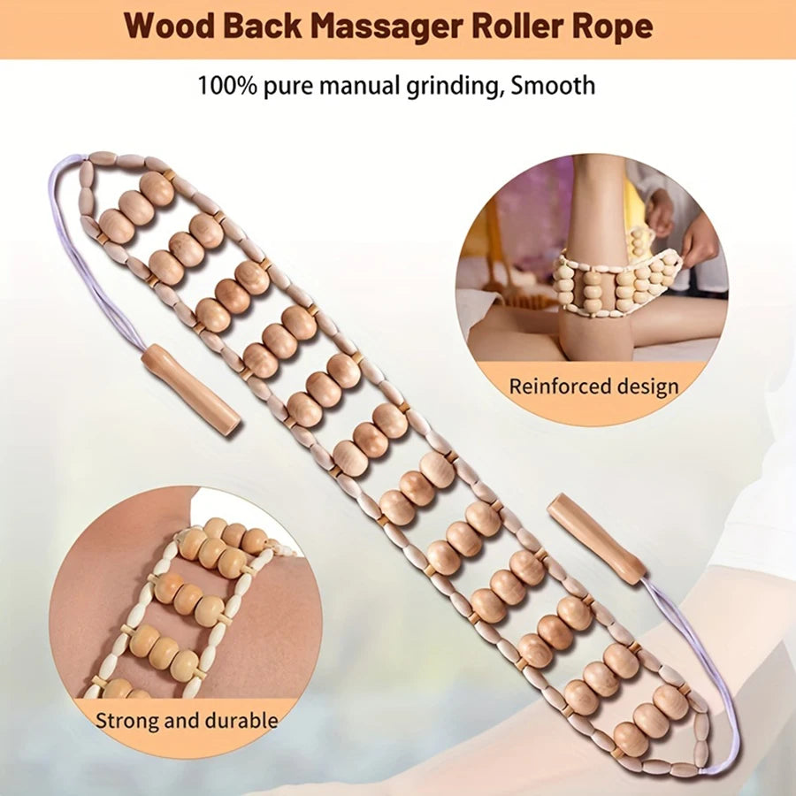 Wood Back Massage Roller Rope Tool,Wood Massage Tools,Portable Handheld Rolling,Self Massage Strap for Back Neck Shoulders Legs