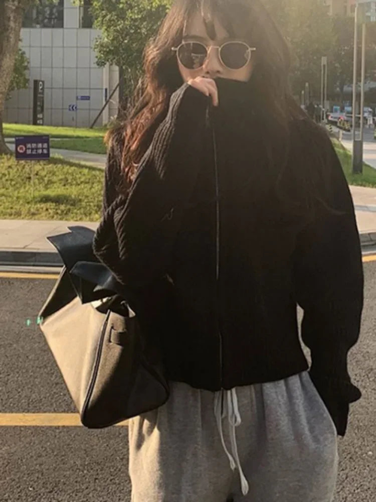 Y2k Aesthetic Harajuku Cardigan Mujer Kardigan Turtleneck Streetwear Grey Crop Tops Zipper 2026 Autumn All Match Solid  Sweater