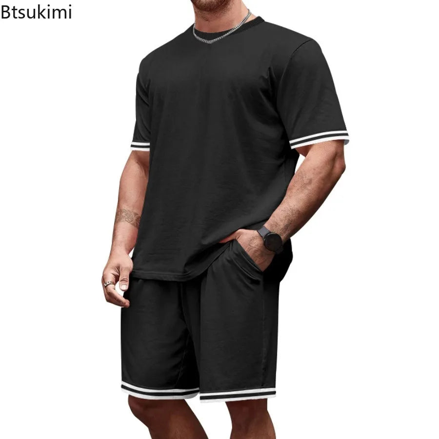 2026 Men's Summer Tracksuit Solid Loose Casual Round Neck Short Sleeve T-shirts Shorts Two Piece Sets for Men Gym Clothing Sets