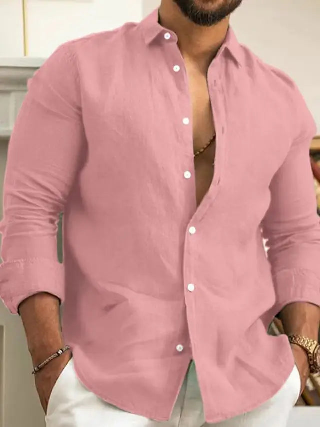 Men's Solid Color Cotton Linen Shirt Classic Button-Up Lapel Long Sleeve Loose Casual Top Spring Summer Fashion 2026