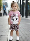 Sweet Cool Style Cartoon Cat Leopard Print Girls Short Sleeve Shorts Set New Arrival