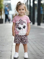 Sweet Cool Style Cartoon Cat Leopard Print Girls Short Sleeve Shorts Set New Arrival
