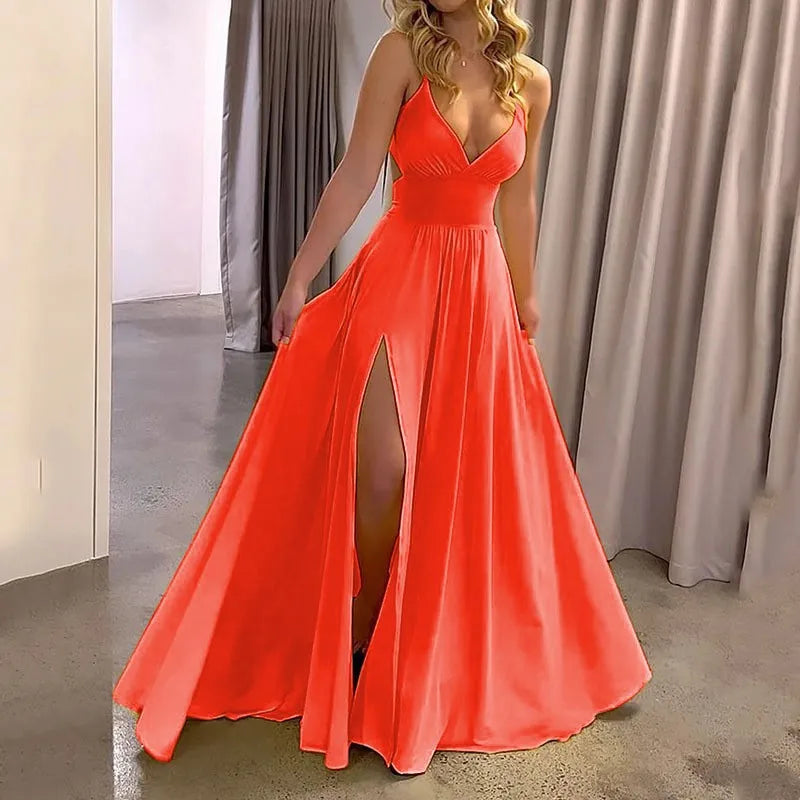 Y2k Women's Party Prom High Waisted Dress Summer Sexy Deep V-neck Suspender Dresses Ladies Fashion Solid Slit Hem Loose Vestidos