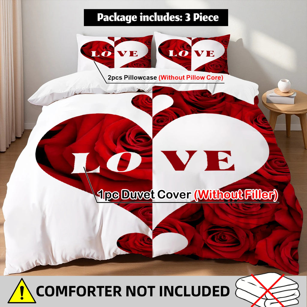 Love Rose Heart Bedding Set Red Romantic Duvet Cover Set With Pillowcases For Couples Wedding Bedroom Twin DoubleQueen King Size