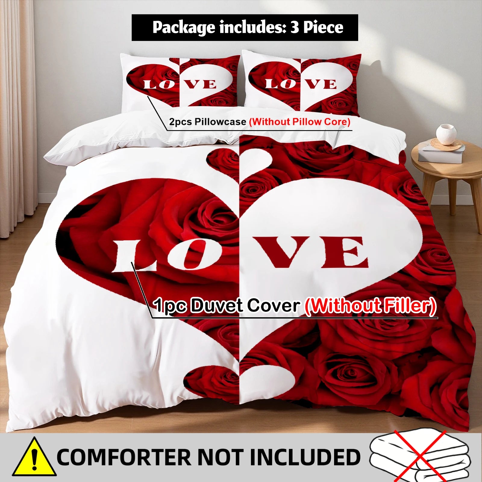 Love Rose Heart Bedding Set Red Romantic Duvet Cover Set With Pillowcases For Couples Wedding Bedroom Twin DoubleQueen King Size