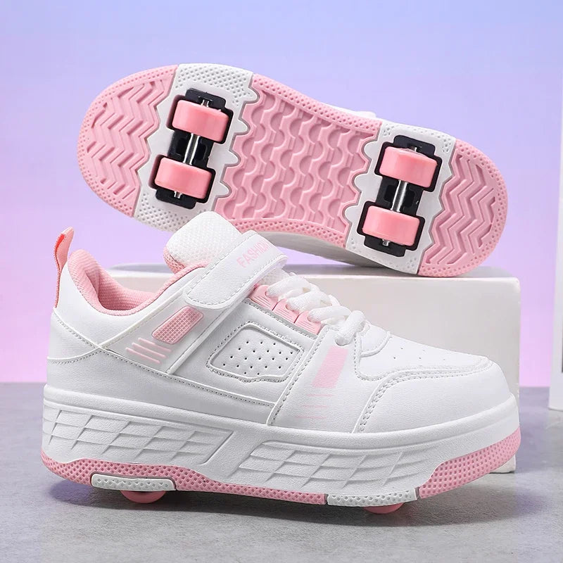 Kids Roller Skate Shoes 4 Wheels Hook Loop Strap Deformation Sneakers Breathable Outdoor Skating Shoes Boys Girls Size 29-40