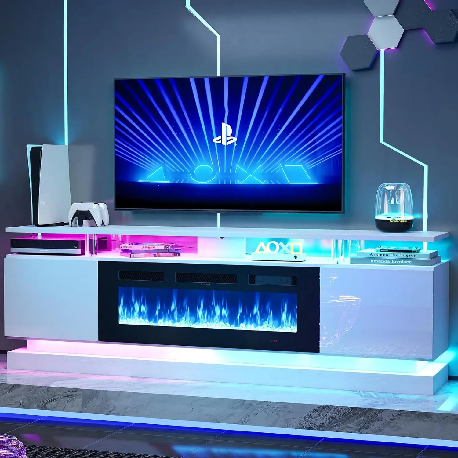 70 inch Modern TV Stand with Electric Fireplace for TVs up to 80 inches White Living Room Media Console Entertainment Center