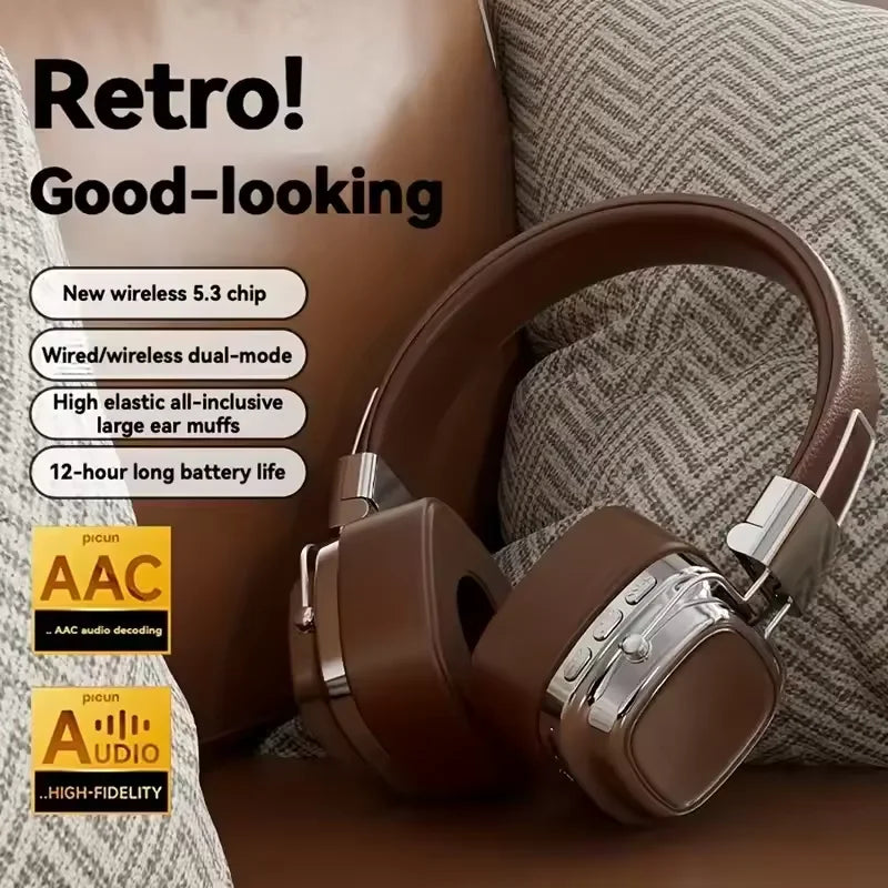 Retro On Ear Headphones Wireless Bluetooth 5.3 Headsets HIFI Stereo Sounds Gaming Earphones TF/AUX Music Player Noise Reduction