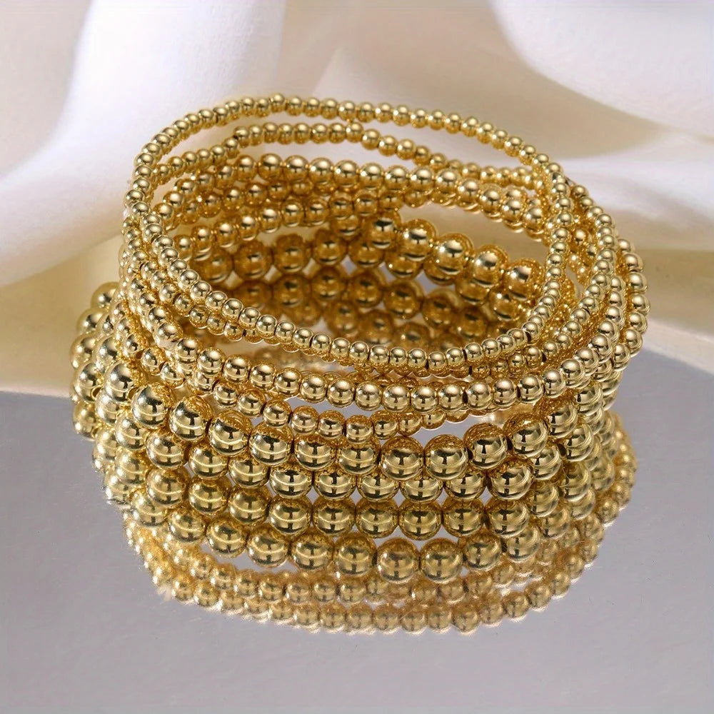 7PCS Golden Bead Bracelet Set for Women Flexible Stretch Fit, Minimalist Beaded Bangles Elegant Daily & Party Jewelry Accessory