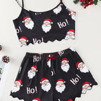 Santa Print Women's Sleepwear Soft Christmas Festival Cute Gingerbread Print 2 Pieces Pajama Set Crop Tops and Shorts Loungewear