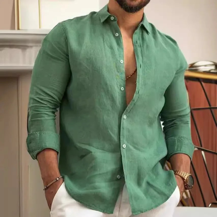 Men's Solid Color Cotton Linen Shirt Classic Button-Up Lapel Long Sleeve Loose Casual Top Spring Summer Fashion 2026