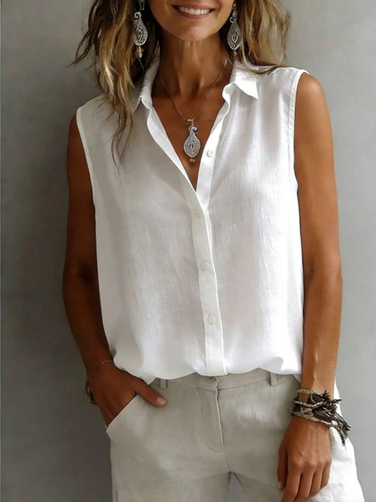Fashionable and Elegant Sleeveless Collared Shirt for Women, Versatile Loose Casual Commuter Tank Top, Solid Color Button-Front Daily Wear