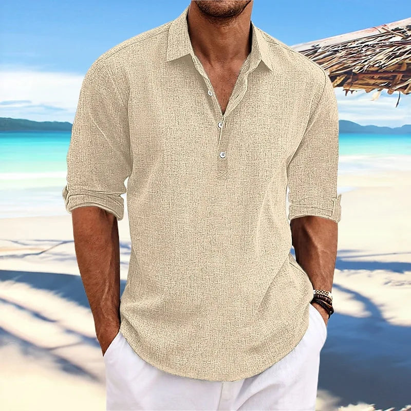 2026 Summer High Quality Men's Casual Cotton Linen Long Sleeve Shirt Solid Color Lapel Button Loose Tops Business Casual Blouse