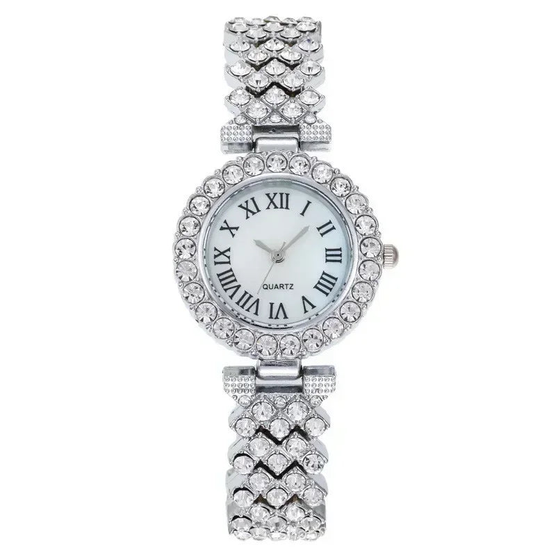 Fashion Luxury Full Crystal 5 Pcs Watch  Necklace Earrings  Ring  Set for Women Rhinestone  Wristwatch Female Bracelet Set Gift