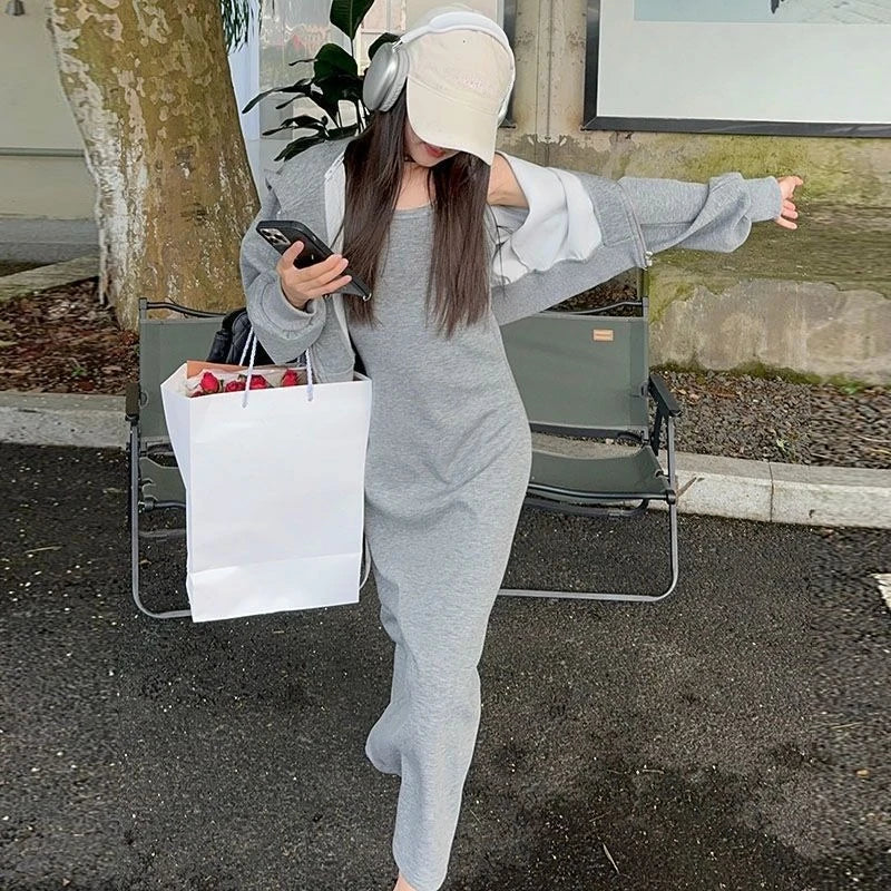 2025 Spring/Autumn Girls' Sporty Two-Piece Set - Short Hoodie Jacket & Long Spaghetti Strap Dress, Versatile for 4-12 Years Old