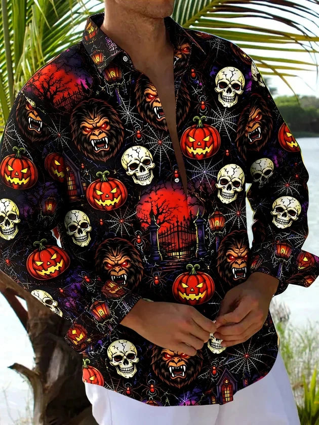 2026 New Men's Shirt Halloween Pumpkin Full Print Turn-Down Collar Short Sleeve Top Casual Streetwear Beach Vacation Men Apparel