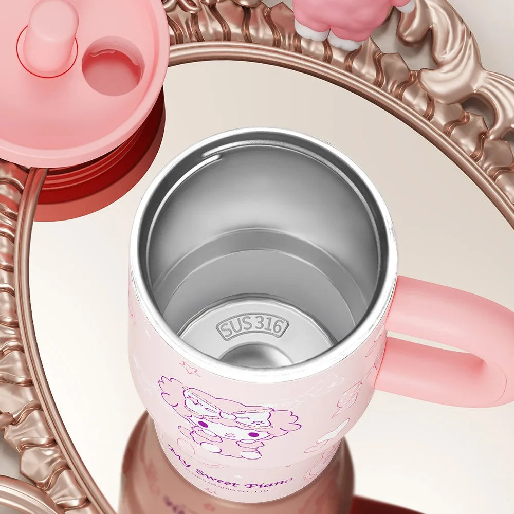 X&W Sanrio Thermos Cup Stainless Steel Straw Insulated Bottle with Handle Cartoon HelloKitty Coffee Mug Keep Hot/Cold Travel Cup