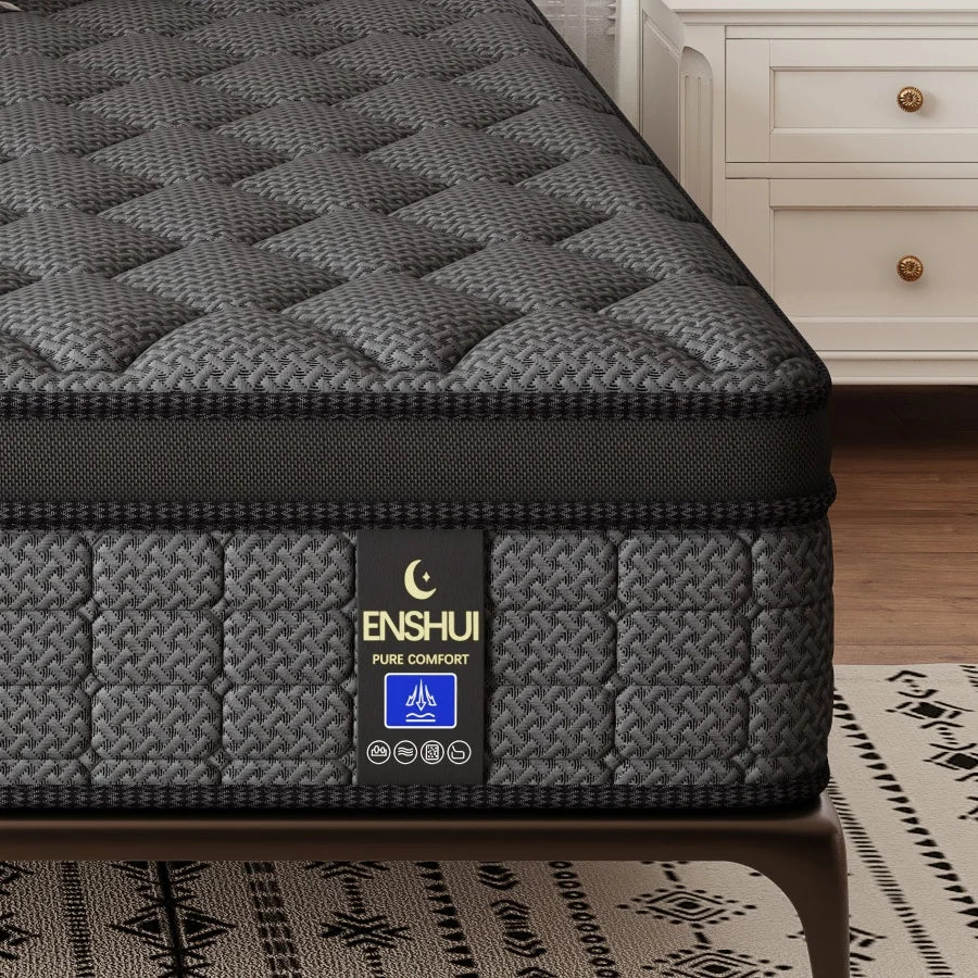 ENSHUI 12/14 Inch Hybrid Mattress Twin Full Queen King – Bed In A Box With Gel Memory Foam And Pocket Springs For Pressure Relief, Cool Breathable Sleep And Edge Support – Medium Firm, Durable, Fiberglass-Free And Odorles