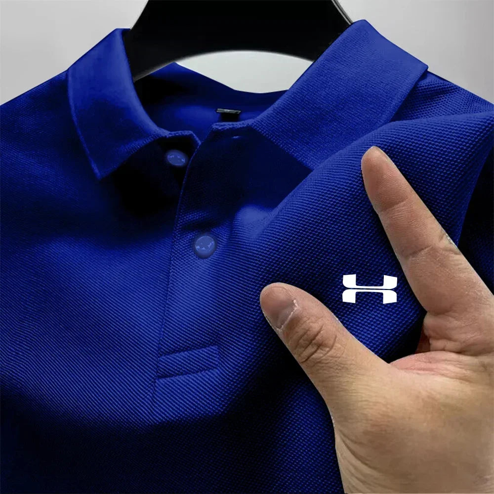 Men's Summer High-End Printed Golf Polo Shirt with Collar, Solid Color, Breathable, Office Casual, High-Quality Men's Clothing