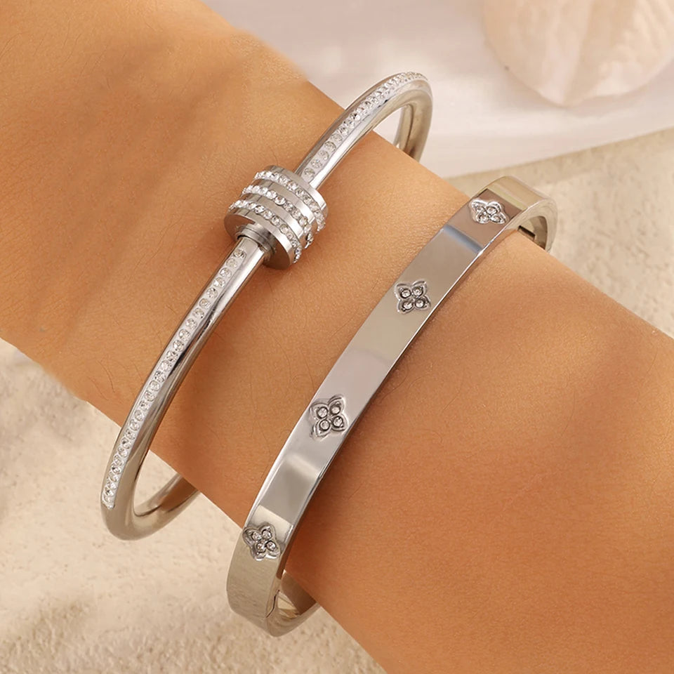 Yupsk 2Pcs/Set Sparkling Zircon Inlaid Stainless Steel Bracelet Waterproof Bangles Exquisite Valentine’s Day Jewelry Gift Women