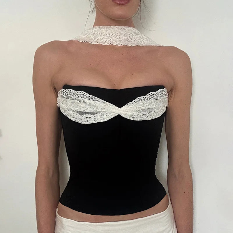 Strapless Backless Sexy Y2K Lace Crop Top Corset Women Summer Party Club Halter Sleeveless Skinny Tank Tops Beach Vacation Gift