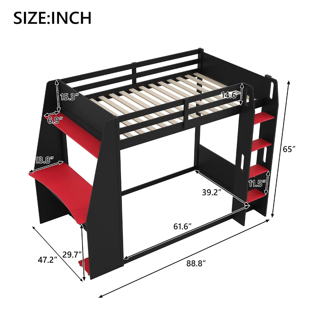 Twin Size Bunk Bed with Gaming Desk,USB and LED Light, Black+Red, Customized