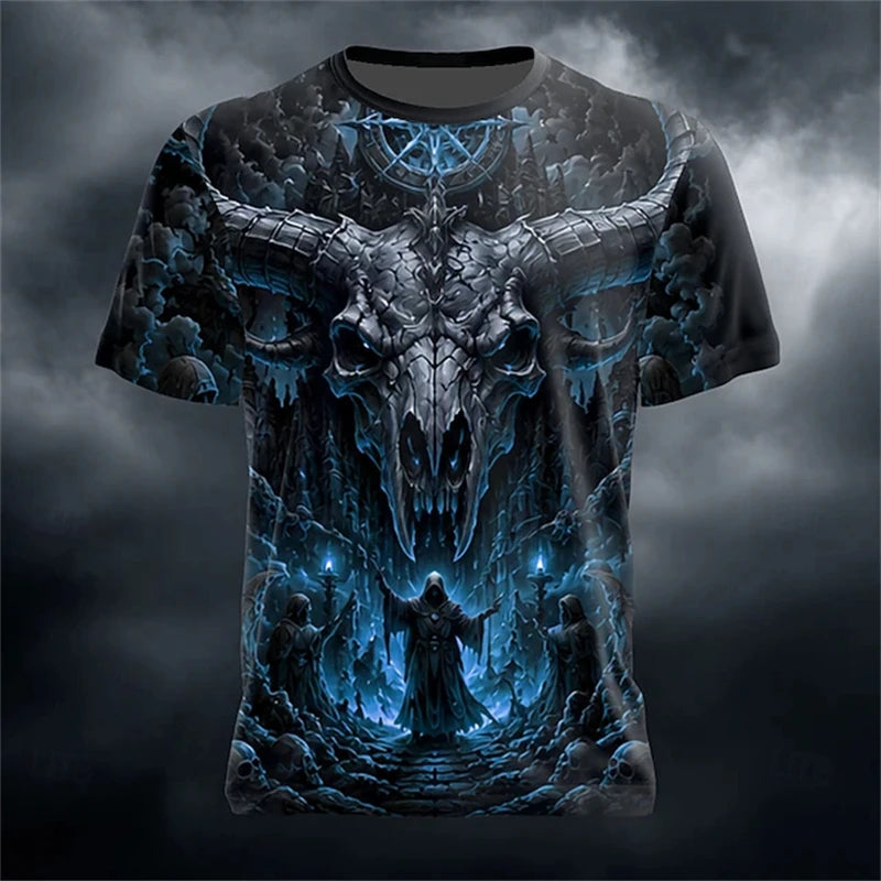 Men's New Summer Fashion Trend Round-Neck T-Shirt Giant Ram Skull Castle Wizard Dark Magic Hell Halloween-Themed Short-Sleeve